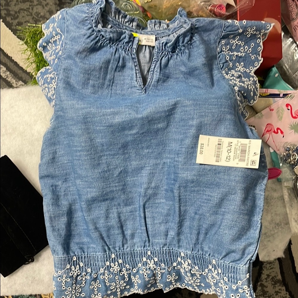 Epic Threads Blue Blouse with Embroidered Lace
